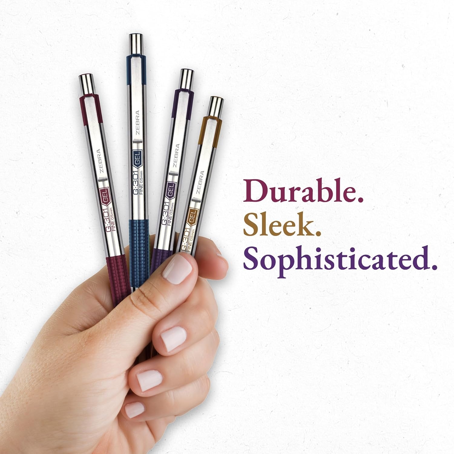image:imageZebra Pen G301 Signature Series Retractable Gel Pen 05mm Fine Point Stainless Steel Barrel with Textured Grip Assorted Vintage Ink Colors Indigo Butterscotch Cherrywood and Plum 4Pack 47304Assorted Vintage Colors