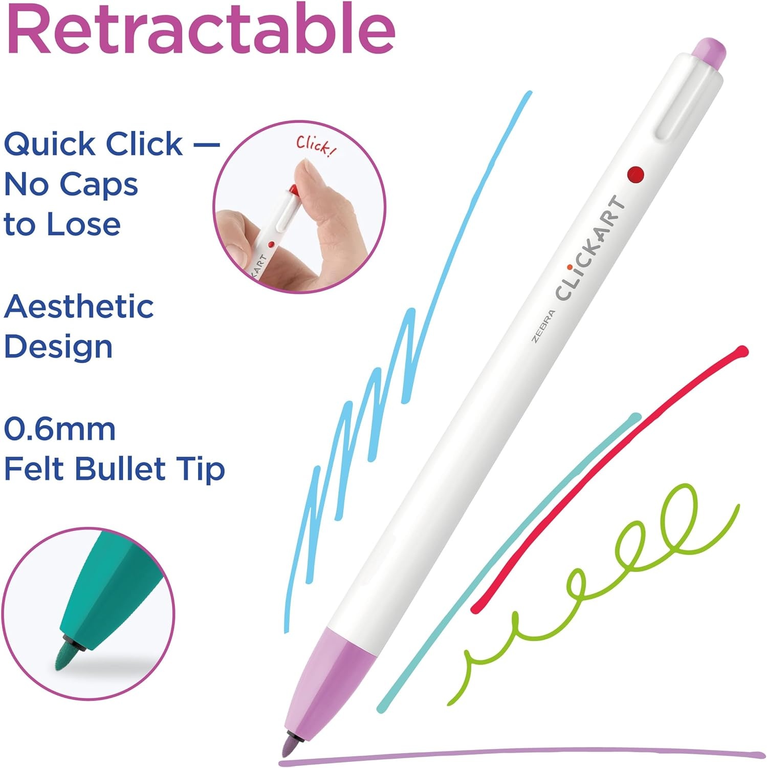 image:imageZebra Pen CLiCKART Retractable Felt Tip Pen Pastel Colors 06mm Fine Point Moisture Absorbing to Prevent Drying Out No Bleed Ideal for Journaling Drawing and Writing 6Pack 69606