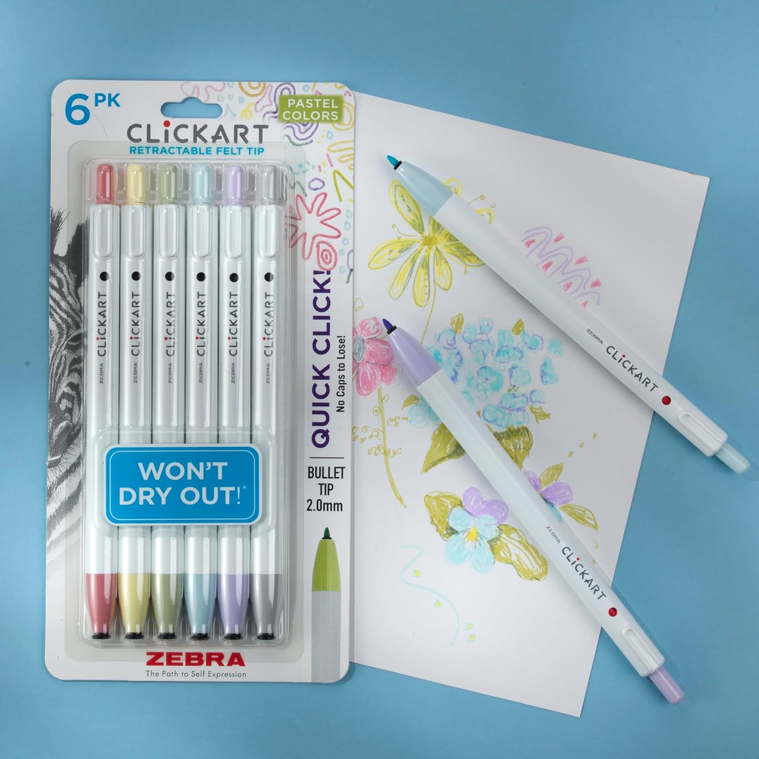 image:imageZebra Pen CLiCKART Retractable Felt Tip Pen Pastel Colors 06mm Fine Point Moisture Absorbing to Prevent Drying Out No Bleed Ideal for Journaling Drawing and Writing 6Pack 69606